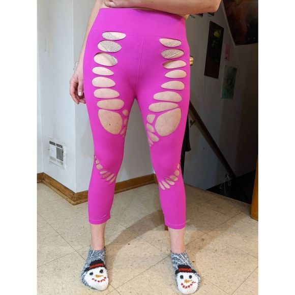 Neon Magenta Pink Cut Out Capri Leggings; Size S-M, High Waisted, Tummy Control; - Picture 5 of 13